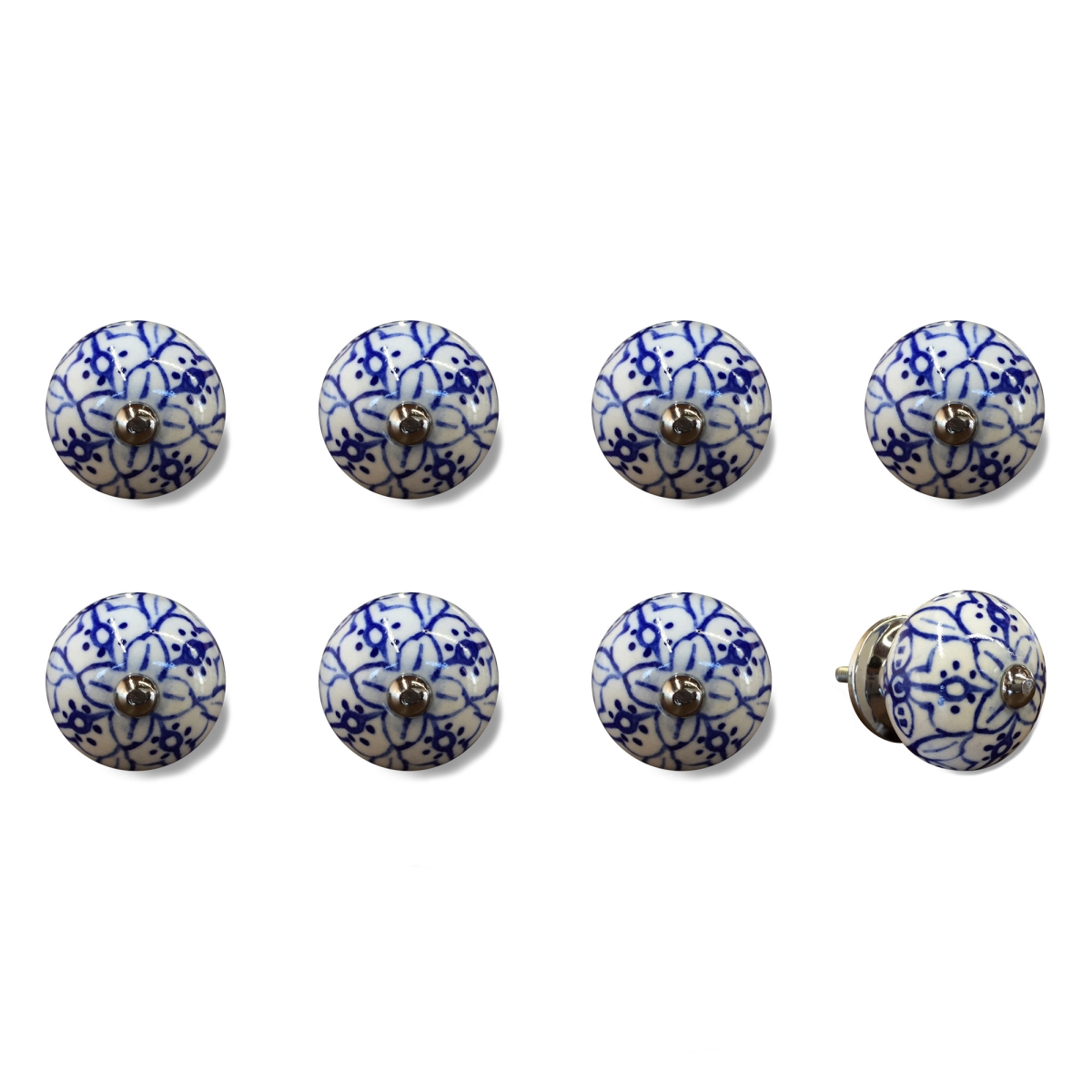 544432 Blue & White Ceramic & Metal Drawer Pull Knobs - Set of 8