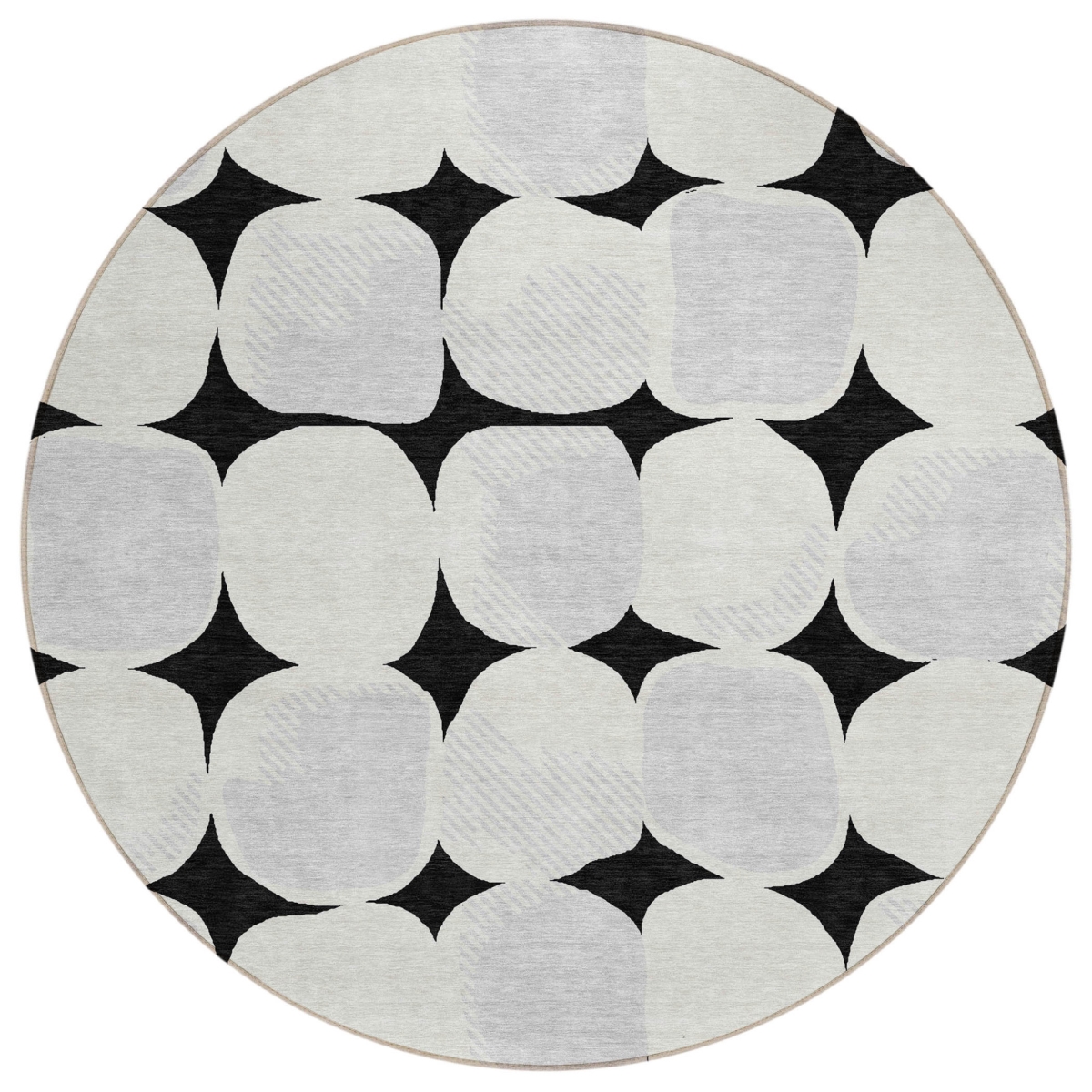 590999 8 ft. Black, Gray & Ivory Round Abstract Washable Indoor & Outdoor Area Rug