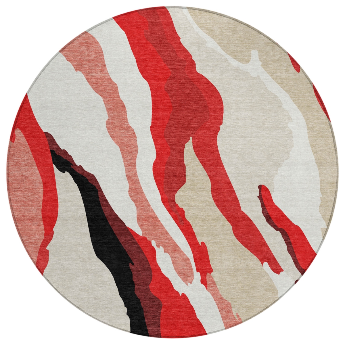 600998 8 ft. Red, Black & Beige Round Abstract Washable Indoor & Outdoor Area Rug