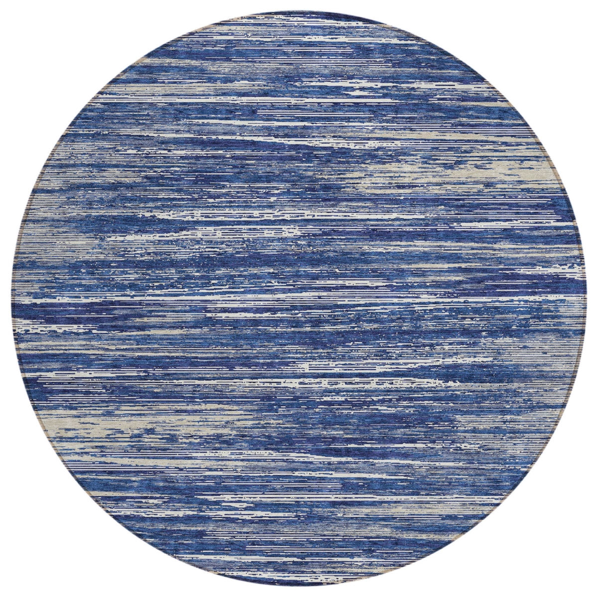 593290 8 ft. Navy Blue & Ivory Round Striped Washable Indoor & Outdoor Area Rug