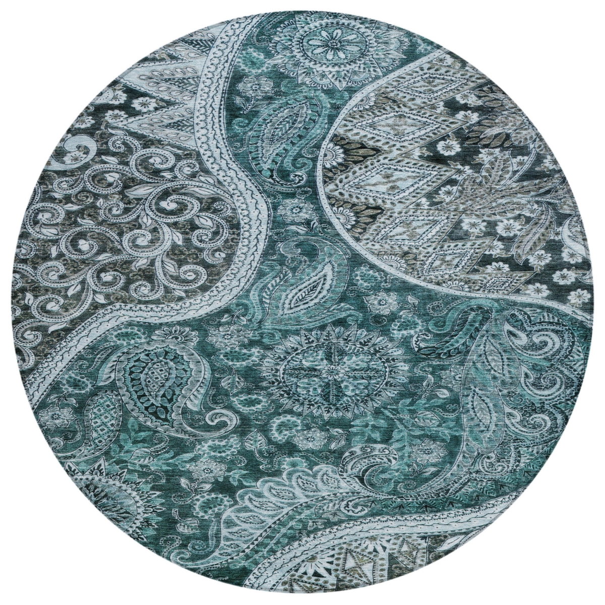 603199 8 ft. Teal Blue & Dark Green Round Floral Medallion Washable Indoor & Outdoor Area Rug