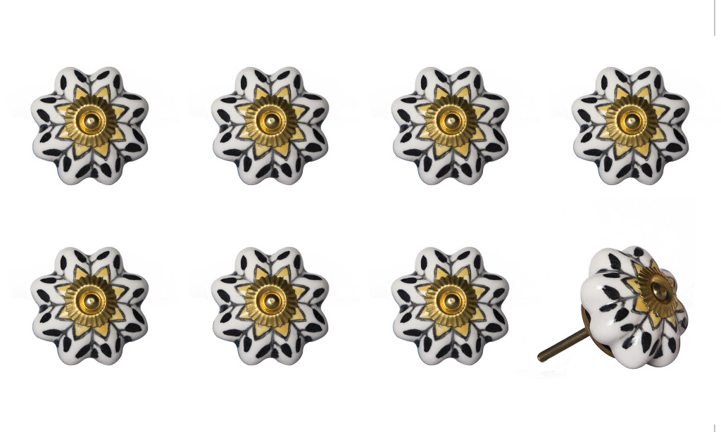544424 Black & Yellow Ceramic & Metal Drawer Pull Knobs - Set of 8