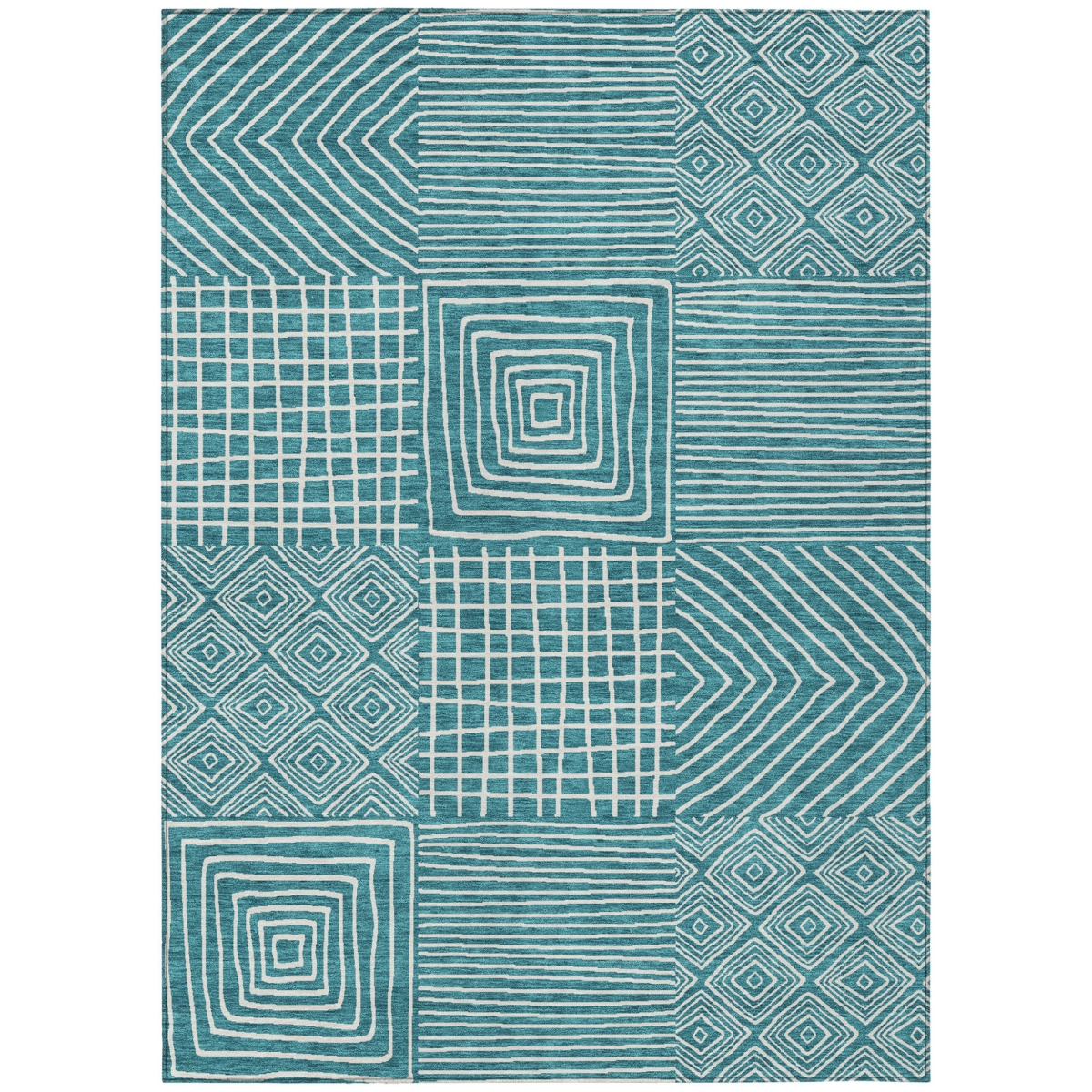 600785 10 x 14 ft. Teal Blue & Ivory Geometric Washable Indoor & Outdoor Rectangle Area Rug