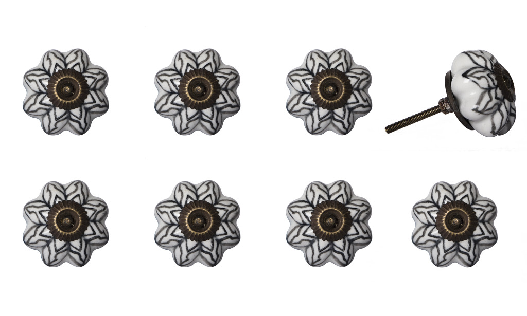 544446 Black & White Ceramic & Metal Drawer Pull Knobs - Set of 8