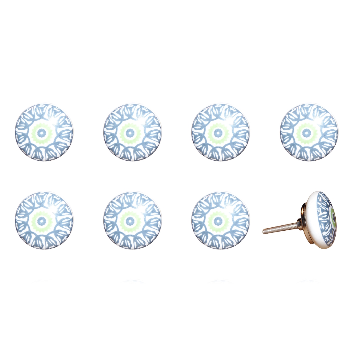 544417 Light Blue & White Ceramic & Metal Drawer Pull Knobs - Set of 8