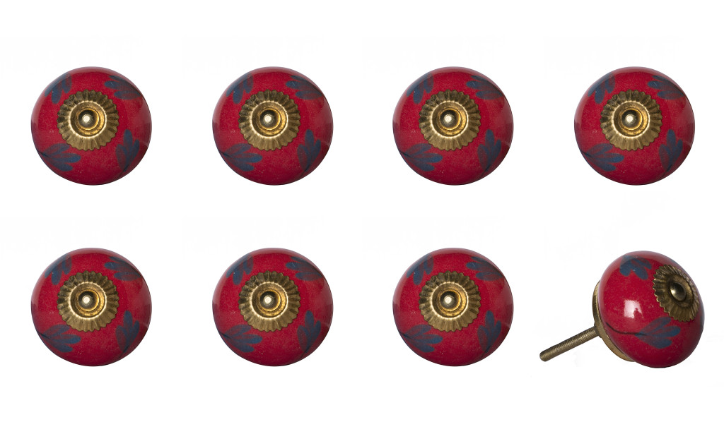 544439 Blue & Red Ceramic & Metal Drawer Pull Knobs - Set of 8