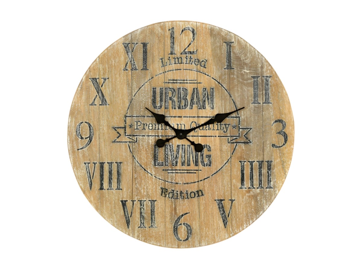 554636 24 in. Natural Distressed Solid Wood Silent Analog Round Wall Clock