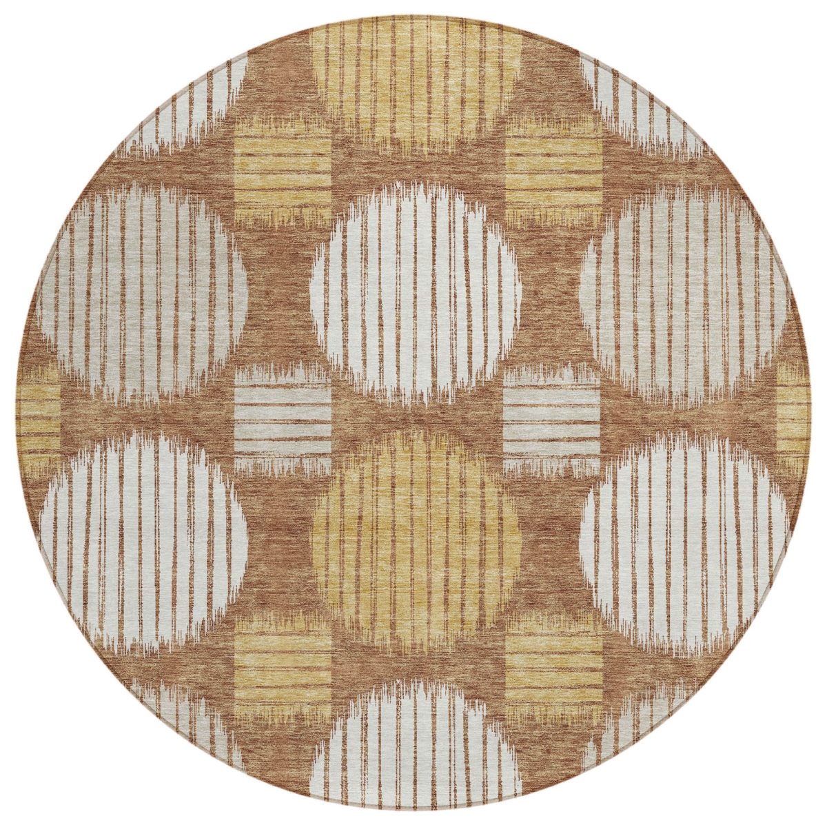593620 8 ft. Brown, Beige & Ivory Round Geometric Washable Indoor & Outdoor Area Rug