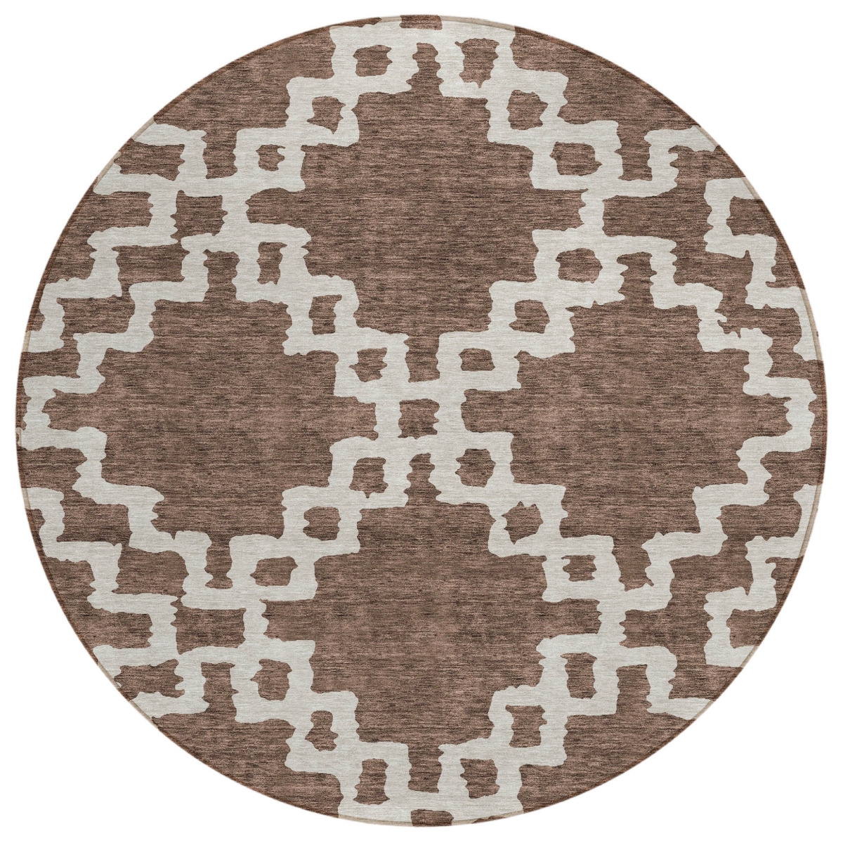 593758 8 ft. Brown & Ivory Round Geometric Washable Indoor & Outdoor Area Rug