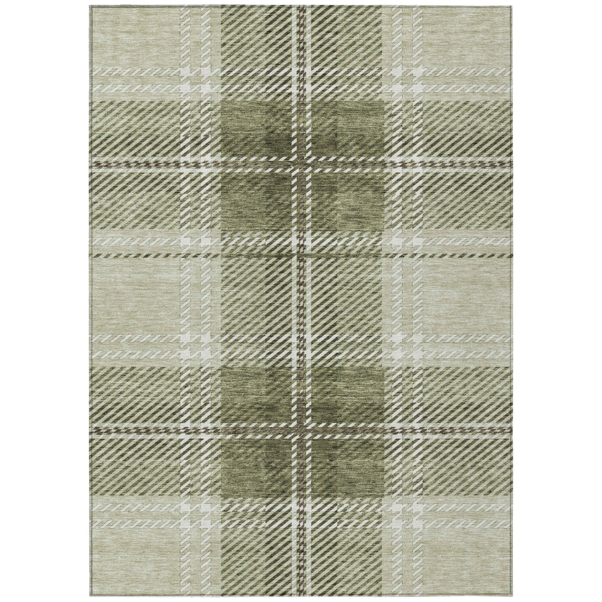 Plaid Area Rug - Artichoke Green Brown & Ivory - 5 x 8 ft - Washable & Durable