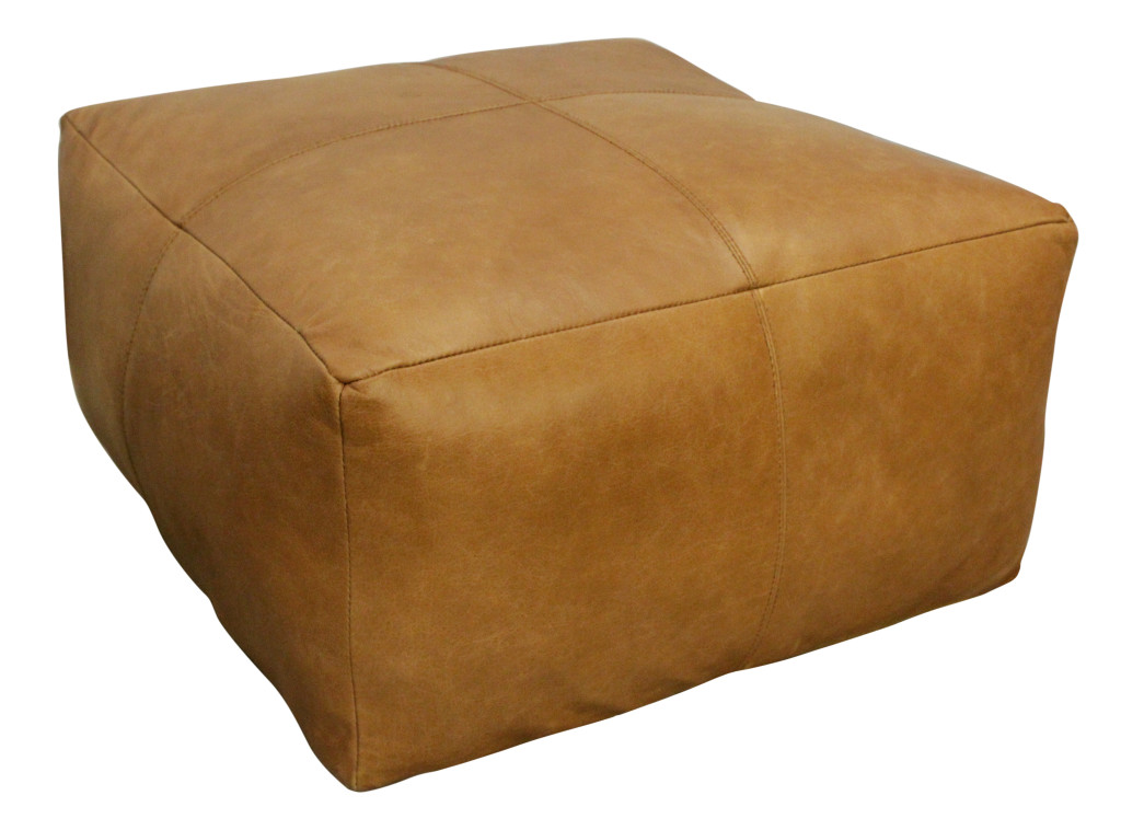 605989 22 in. Tan Genuine Leather Pouf Ottoman