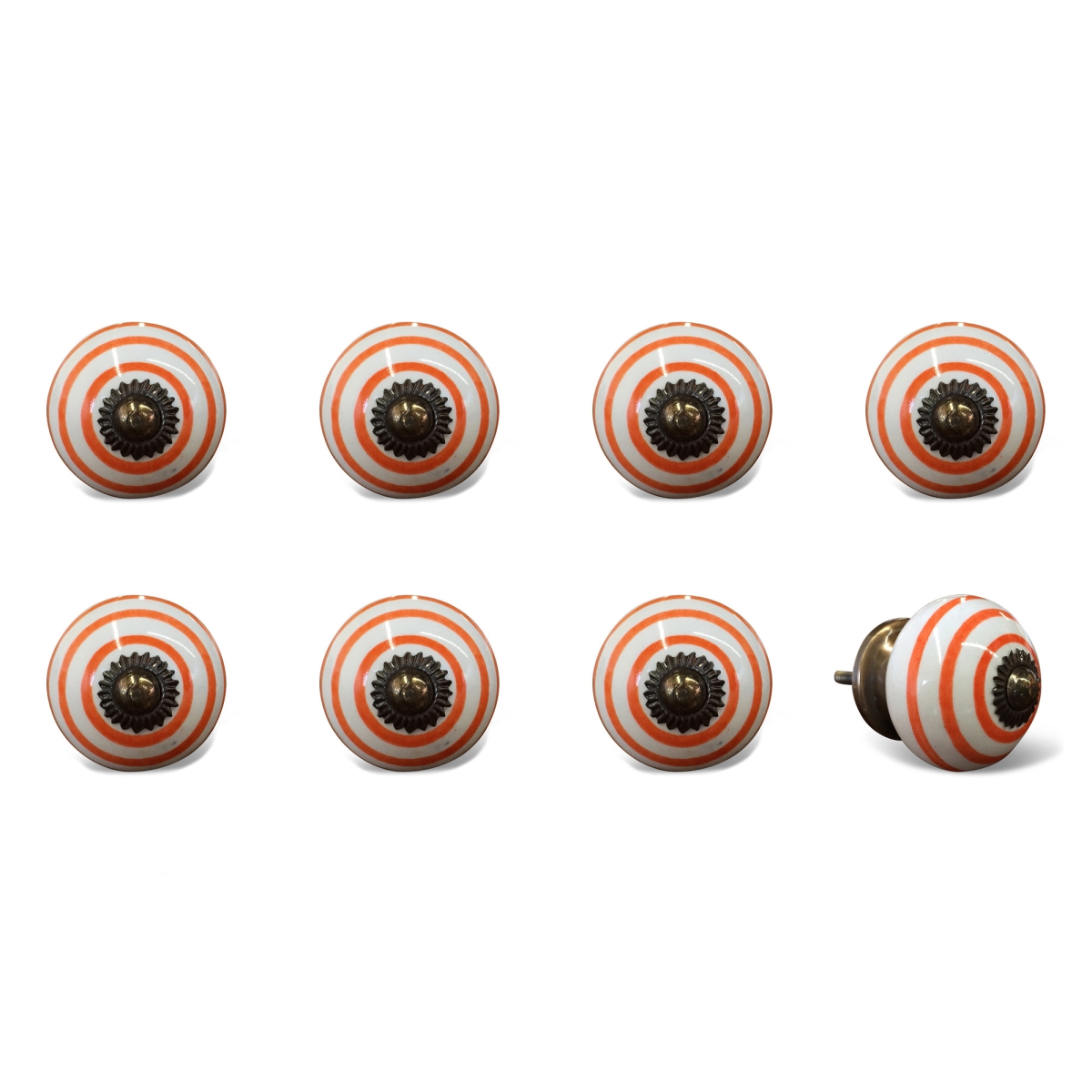 544452 Orange & White Ceramic & Metal Drawer Pull Knobs - Set of 8