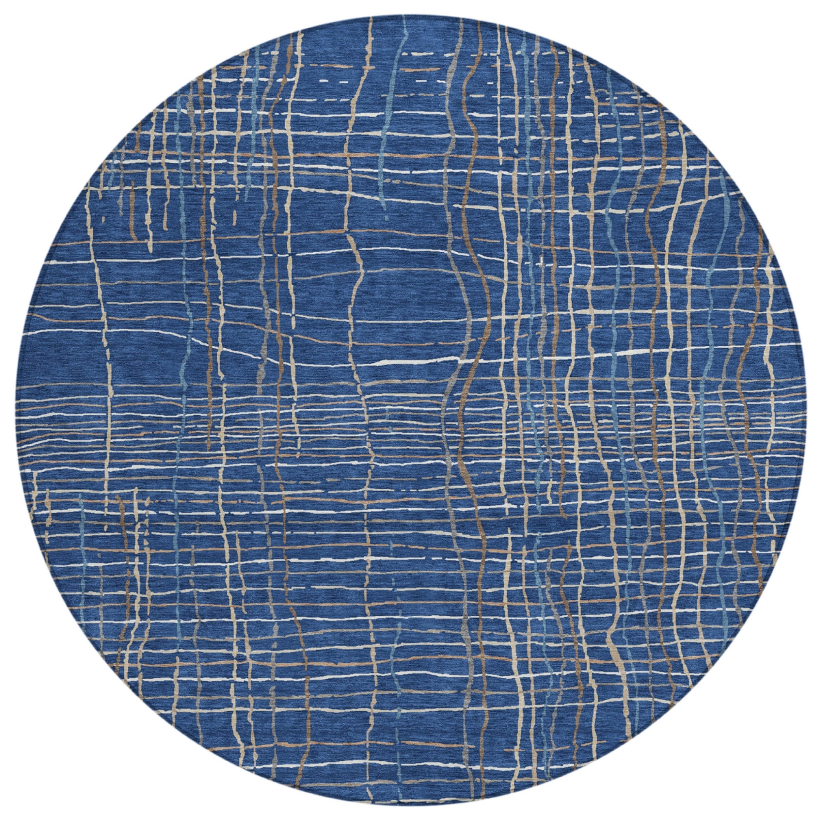 597411 8 ft. Navy Blue, Gray & Brown Round Striped Washable Indoor & Outdoor Area Rug