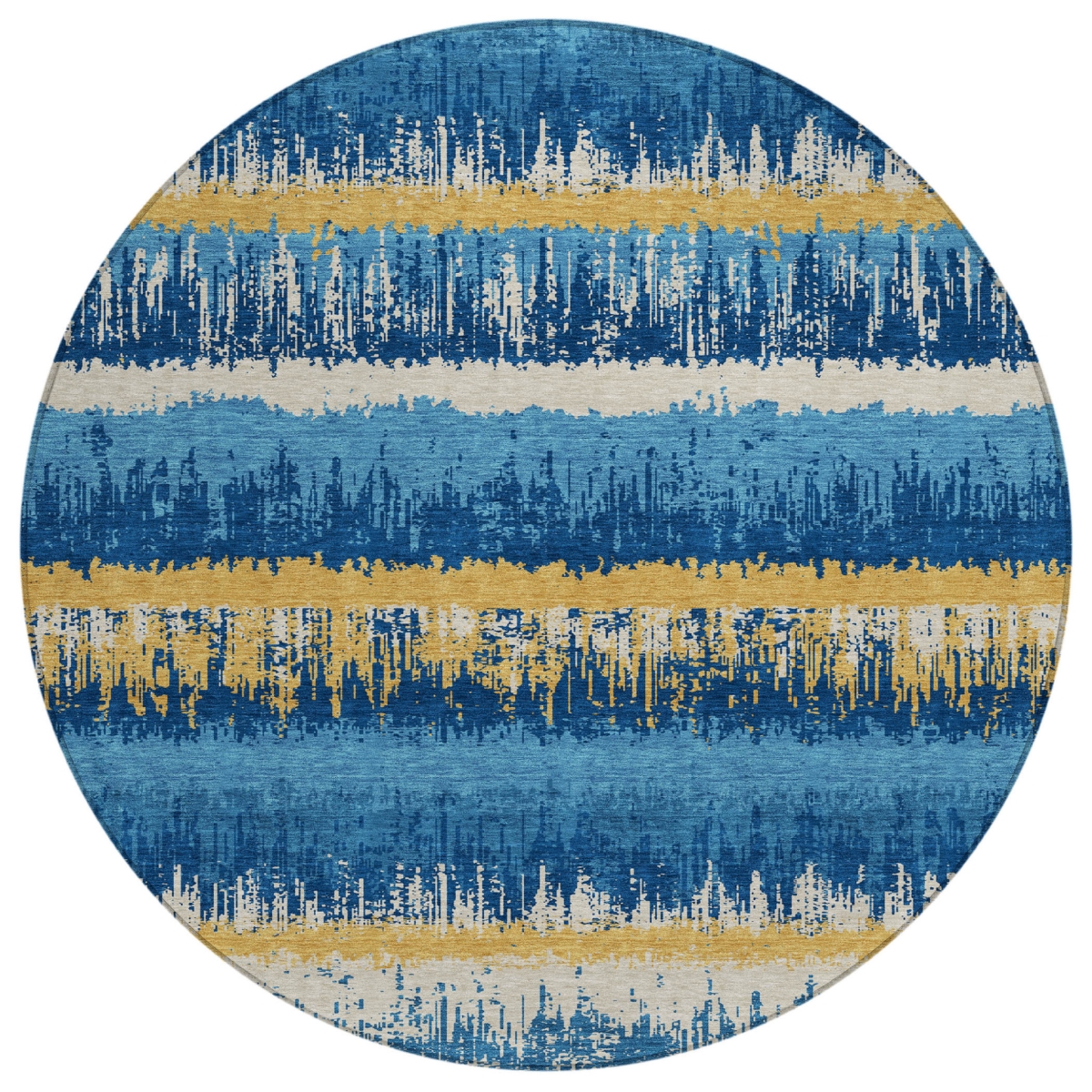 598372 8 ft. Navy Blue, Gold & Ivory Round Striped Washable Indoor & Outdoor Area Rug