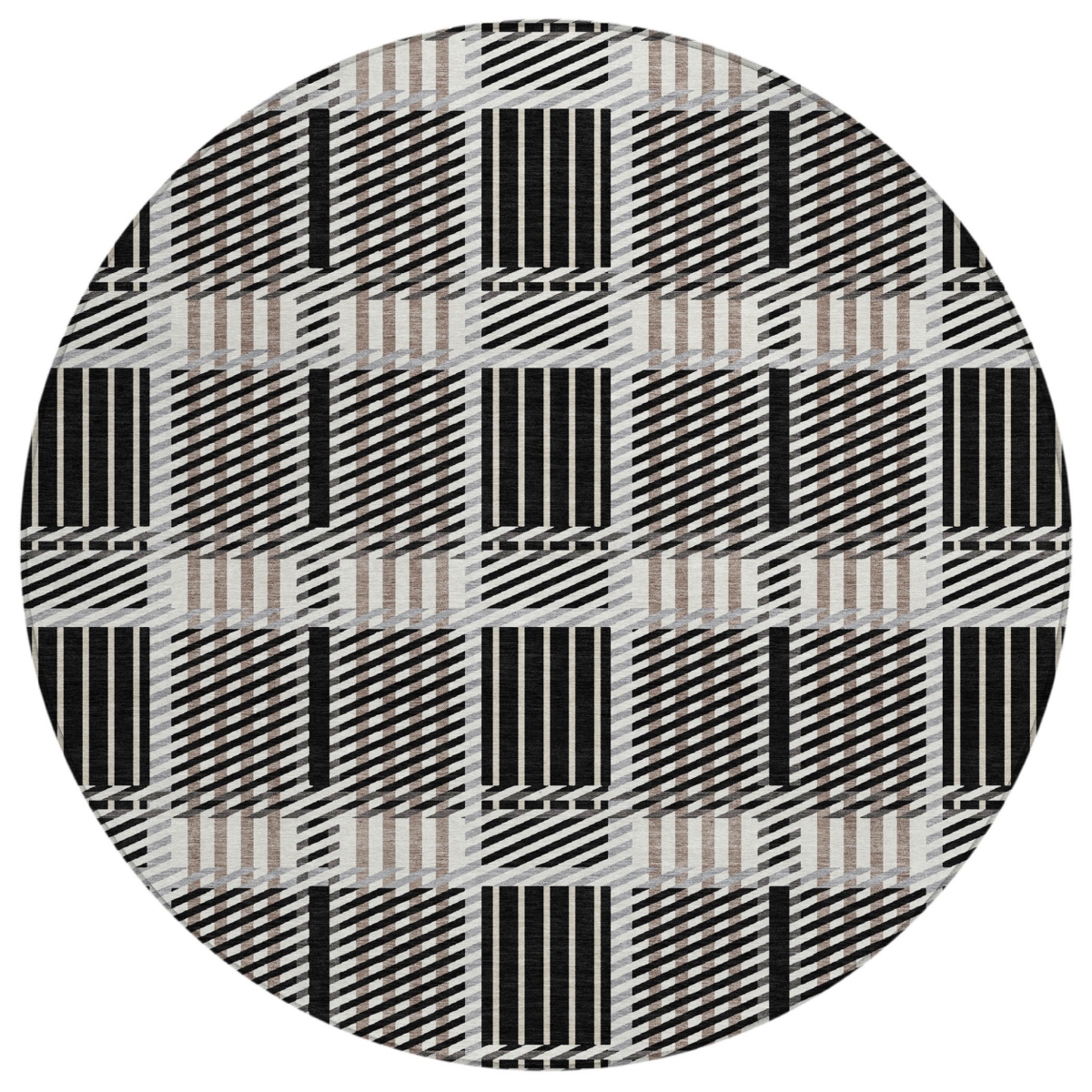 597543 8 ft. Black, Gray & Brown Round Plaid Washable Indoor & Outdoor Area Rug