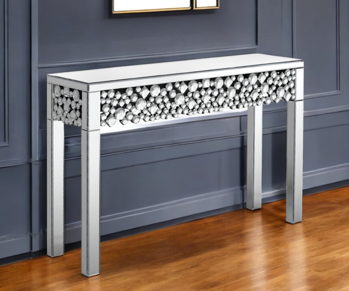 568864 47 in. Mirrored Glass Faux Crystal Bling Console Table - Silver