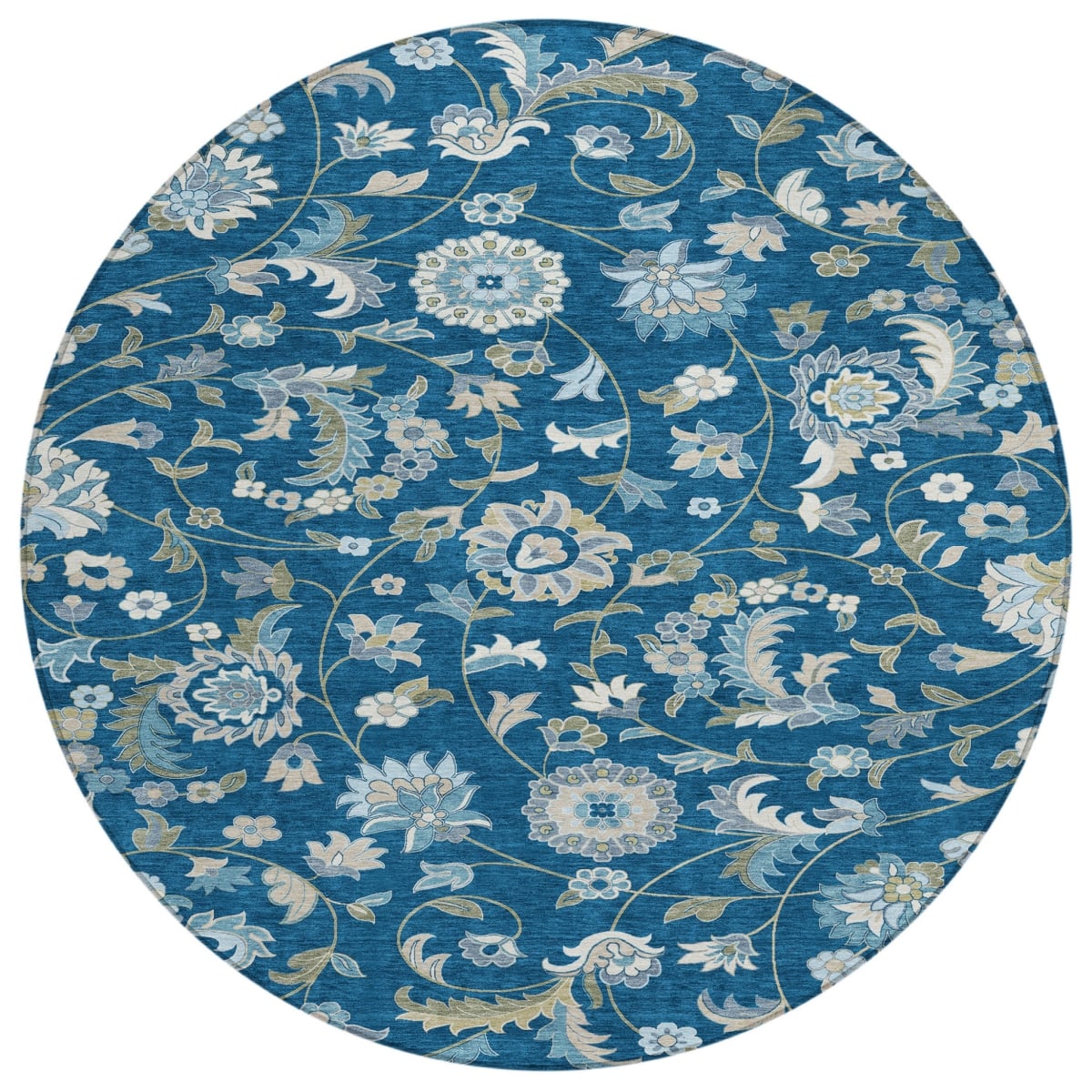 597832 8 ft. Navy Blue, Ivory & Gray Round Floral Washable Indoor & Outdoor Area Rug