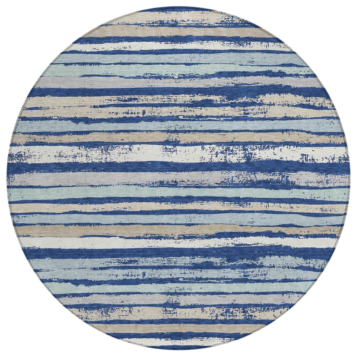 598910 8 ft. Navy Blue, Beige & Ivory Round Striped Washable Indoor & Outdoor Area Rug