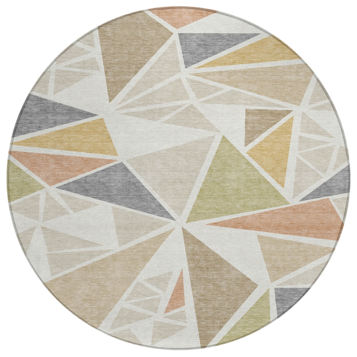 600374 8 ft. Ivory, Brown & Green Round Geometric Washable Indoor & Outdoor Area Rug