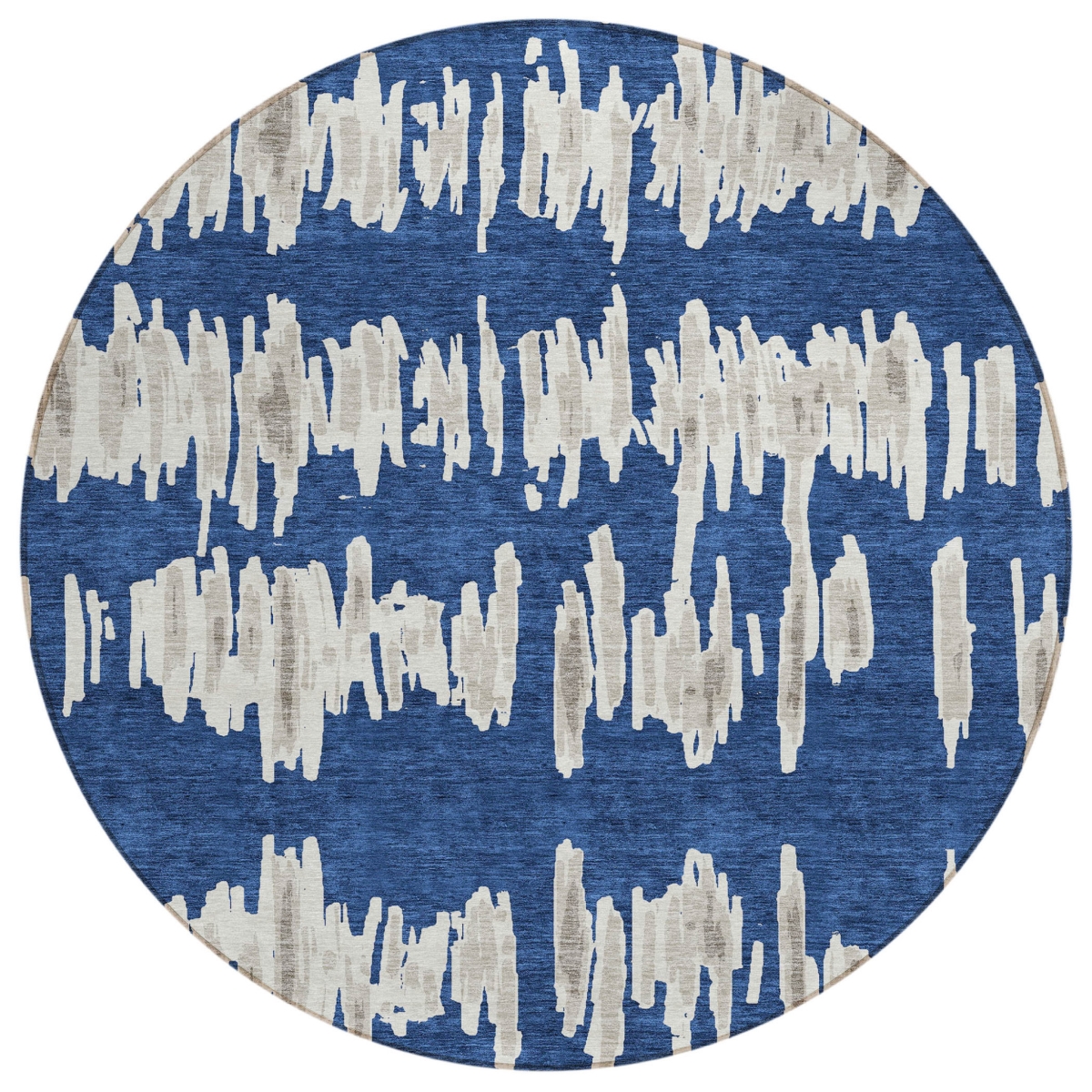 594036 8 ft. Navy Blue, Gray & Ivory Round Striped Washable Indoor & Outdoor Area Rug