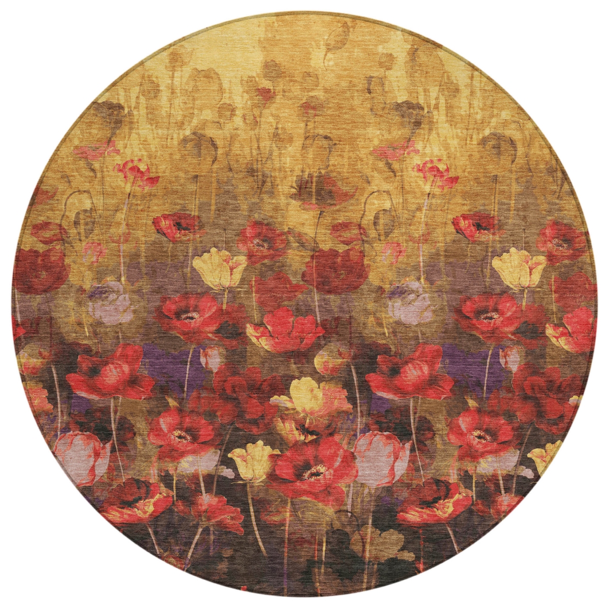 597059 8 ft. Gold Red & Brown Round Floral Washable Indoor & Outdoor Area Rug