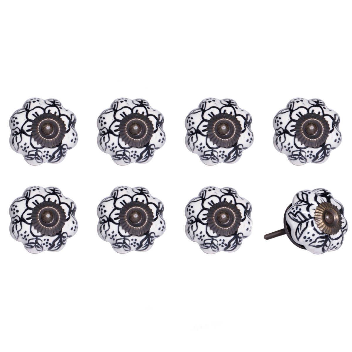 544407 Black & White Ceramic & Metal Drawer Pull Knobs - Set of 8
