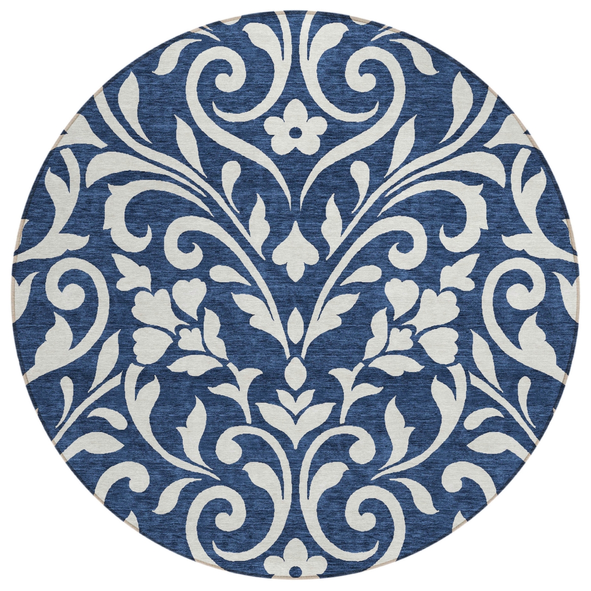 591461 8 ft. Navy Blue & Ivory Round Floral Washable Indoor & Outdoor Area Rug