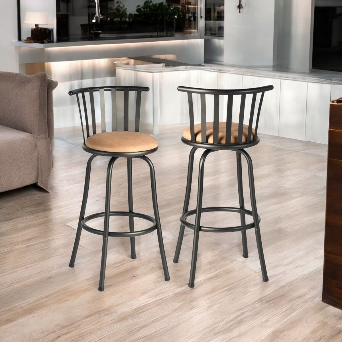 610395 Brown & Black Faux Leather & Iron Low Back Adjustable Height Swivel Bar Chairs - Set of 2