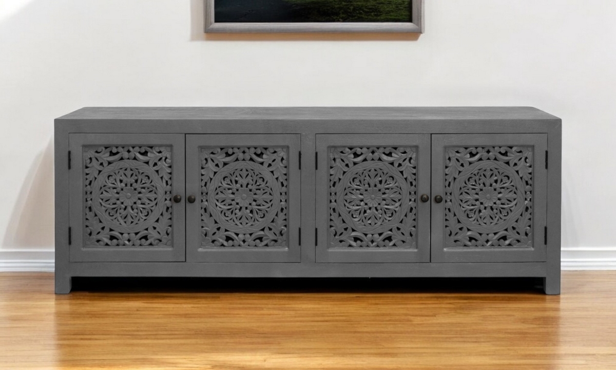 Picture of HomeRoots 558159 86 in. Dark Gray Carved Floral Distressed Solid Wood Enclosed Storage TV Stand