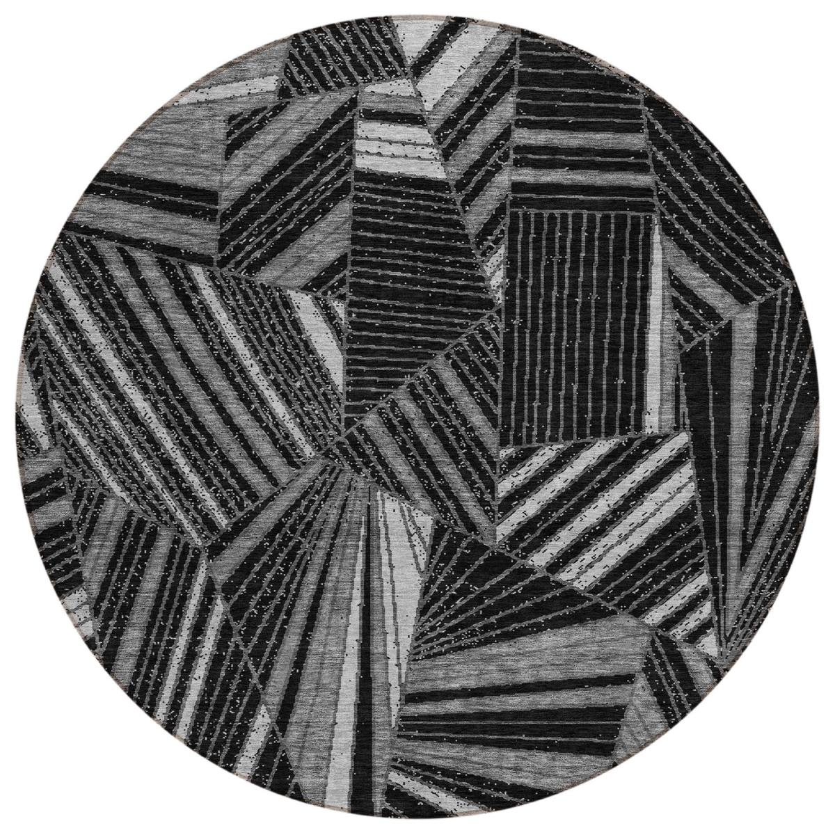 594757 8 ft. Black & Gray Round Geometric Washable Indoor & Outdoor Area Rug