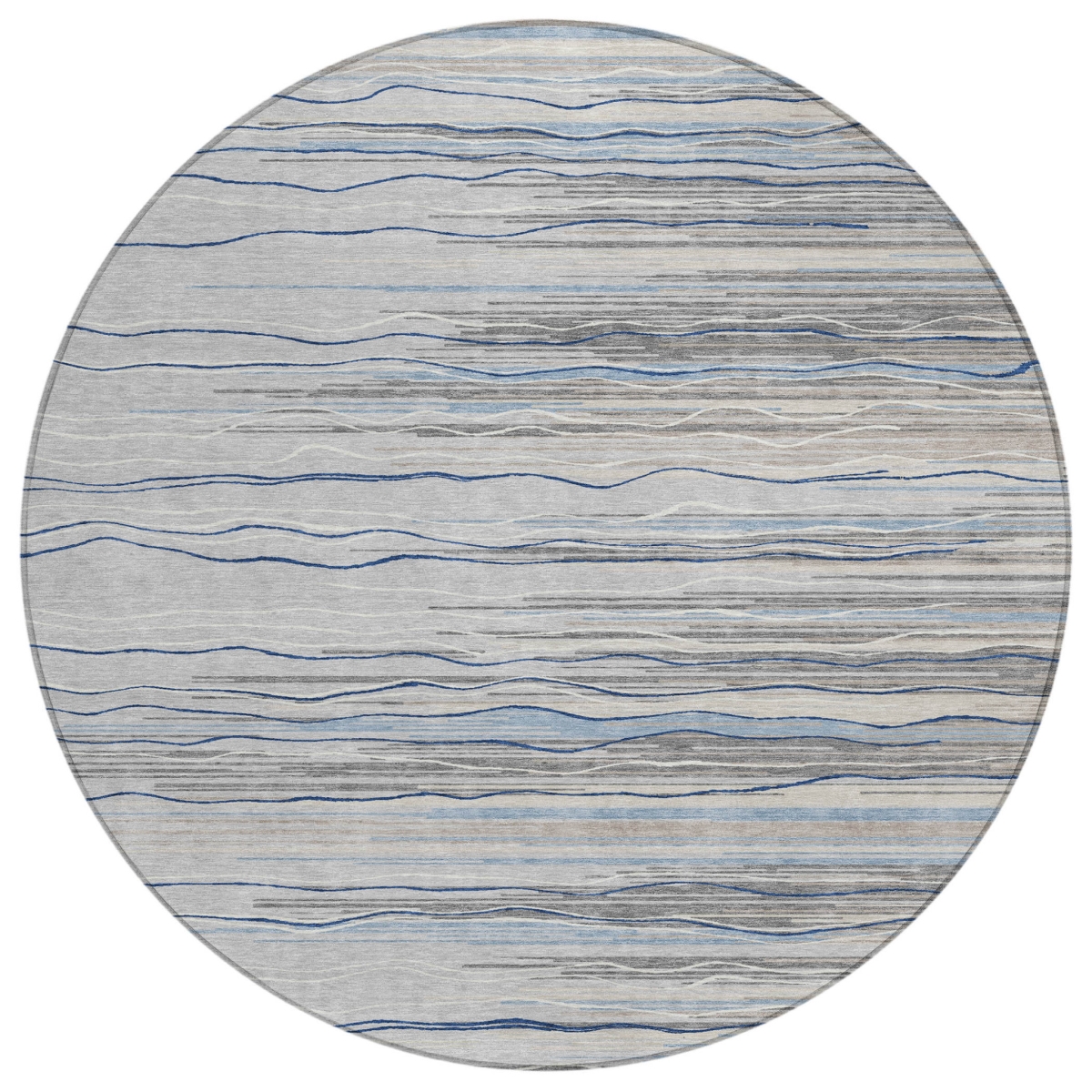597249 8 ft. Gray, Silver & Blue Round Striped Washable Indoor & Outdoor Area Rug