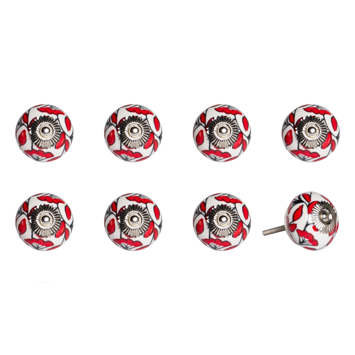 544421 White & Red Ceramic & Metal Drawer Pull Knobs - Set of 8