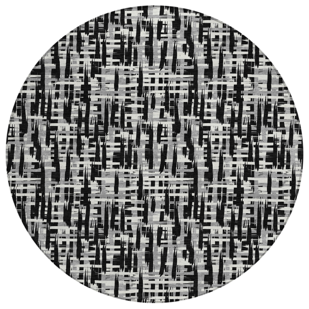 602469 8 ft. Black, Gray & Ivory Round Abstract Washable Indoor & Outdoor Area Rug