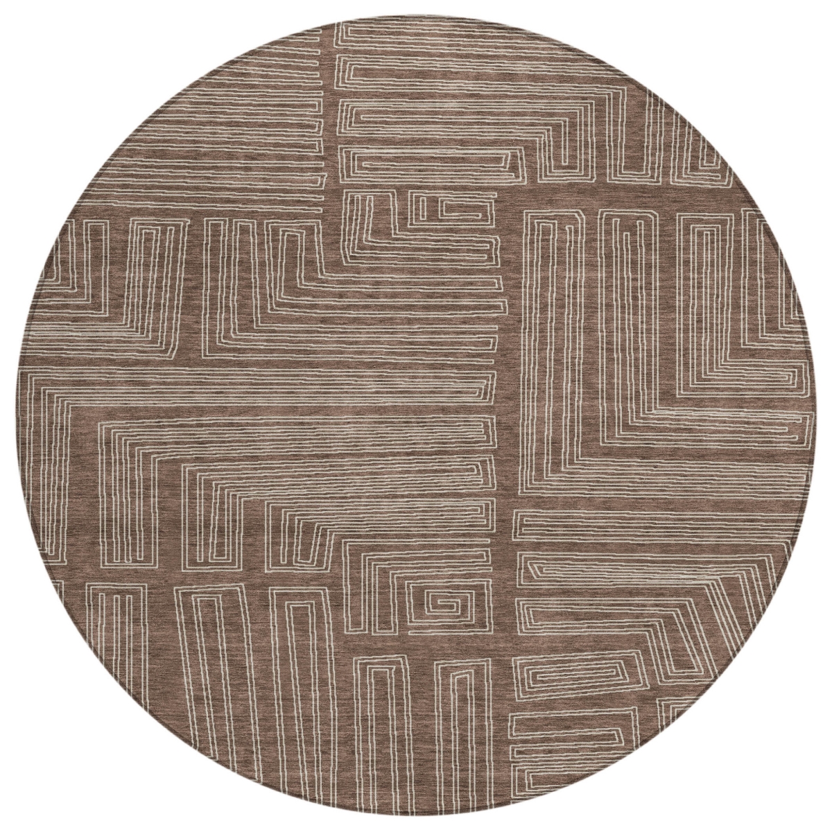 600806 8 ft. Brown & Ivory Round Geometric Washable Indoor & Outdoor Area Rug