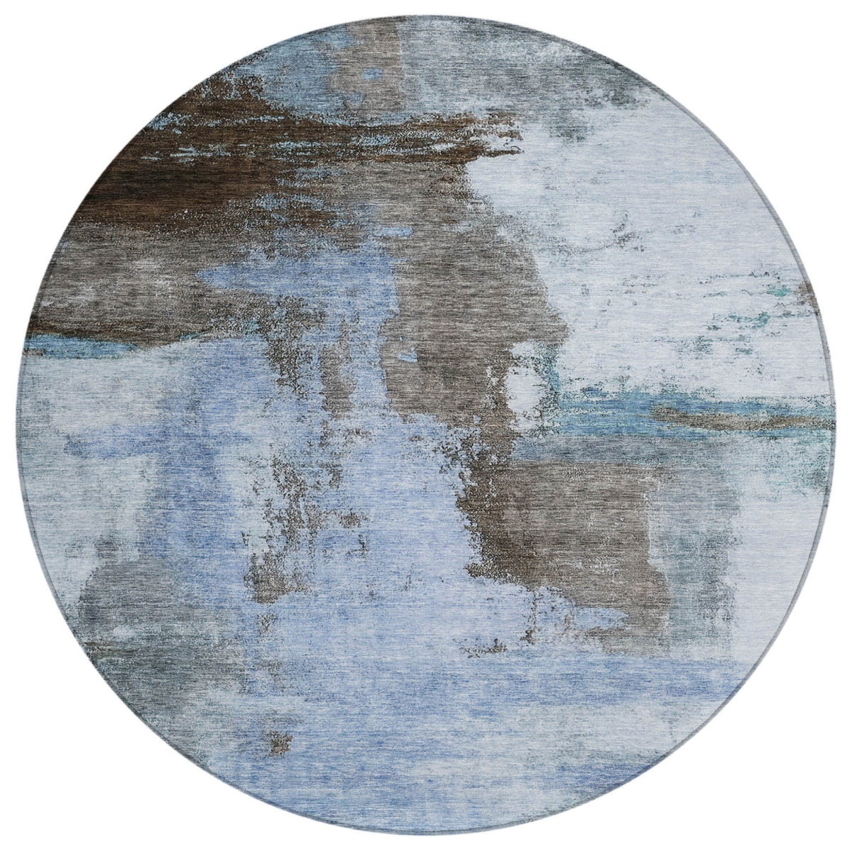 602953 8 ft. Blue, Gray & Dark Brown Round Abstract Washable Indoor & Outdoor Area Rug