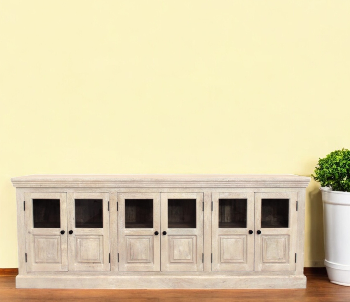557697 93 in. White Solid Wood Distressed Sideboard with Six Glass Doors
