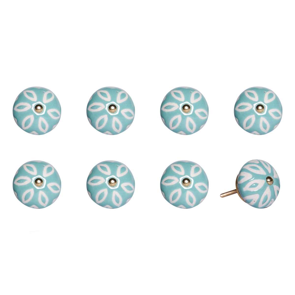 544428 Turquoise & White Ceramic & Metal Drawer Pull Knobs - Set of 8