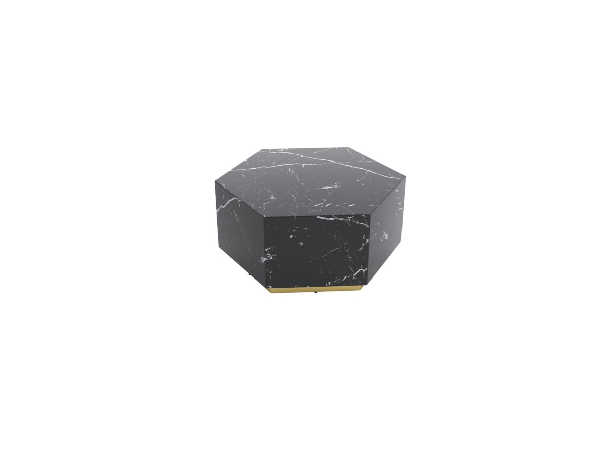 554311 35 in. Black & Gold Faux Marble Hexagon Drum Coffee Table
