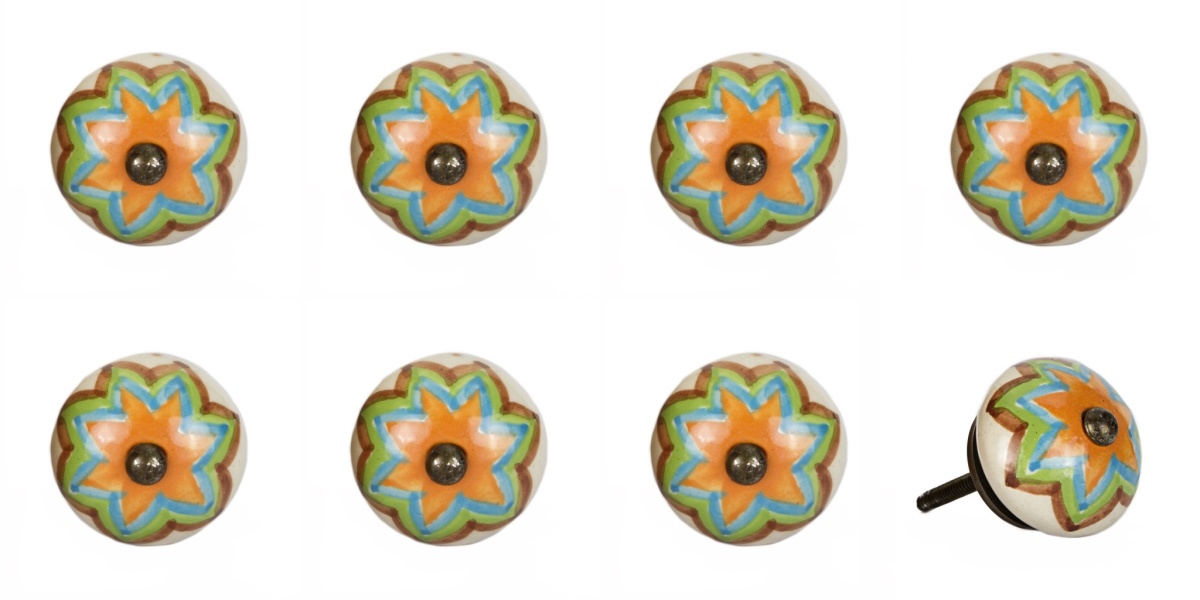 544438 Blue & Orange Ceramic & Metal Drawer Pull Knobs - Set of 8