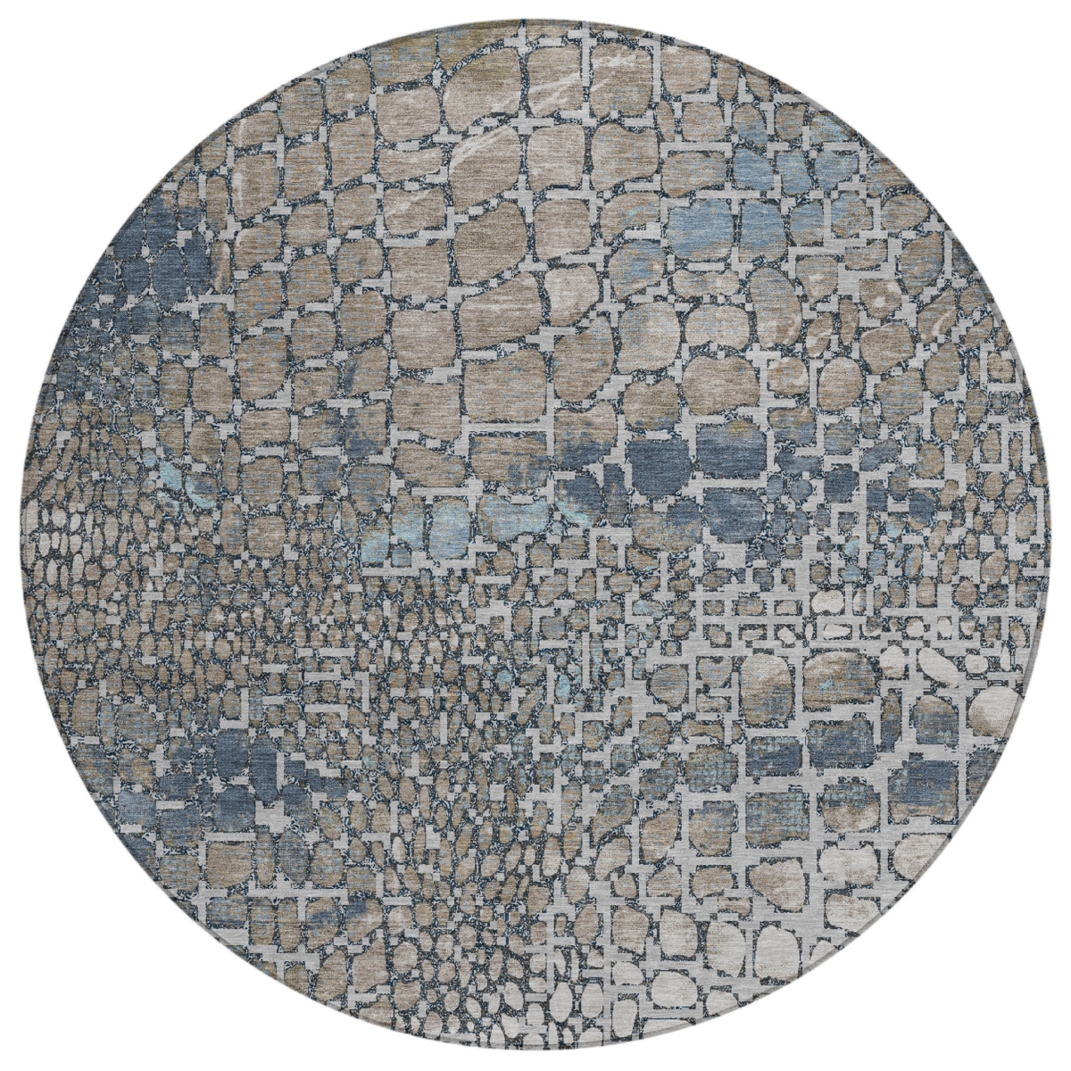 596832 8 ft. Silver, Blue & Brown Round Abstract Washable Indoor & Outdoor Area Rug