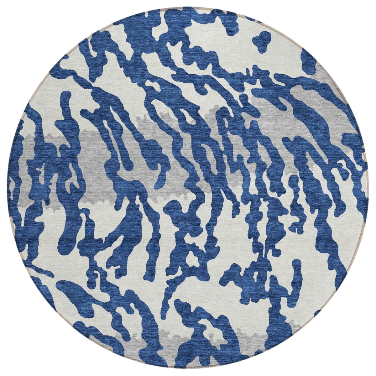 591293 8 ft. Navy Blue, Gray & Ivory Round Animal Print Washable Indoor & Outdoor Area Rug