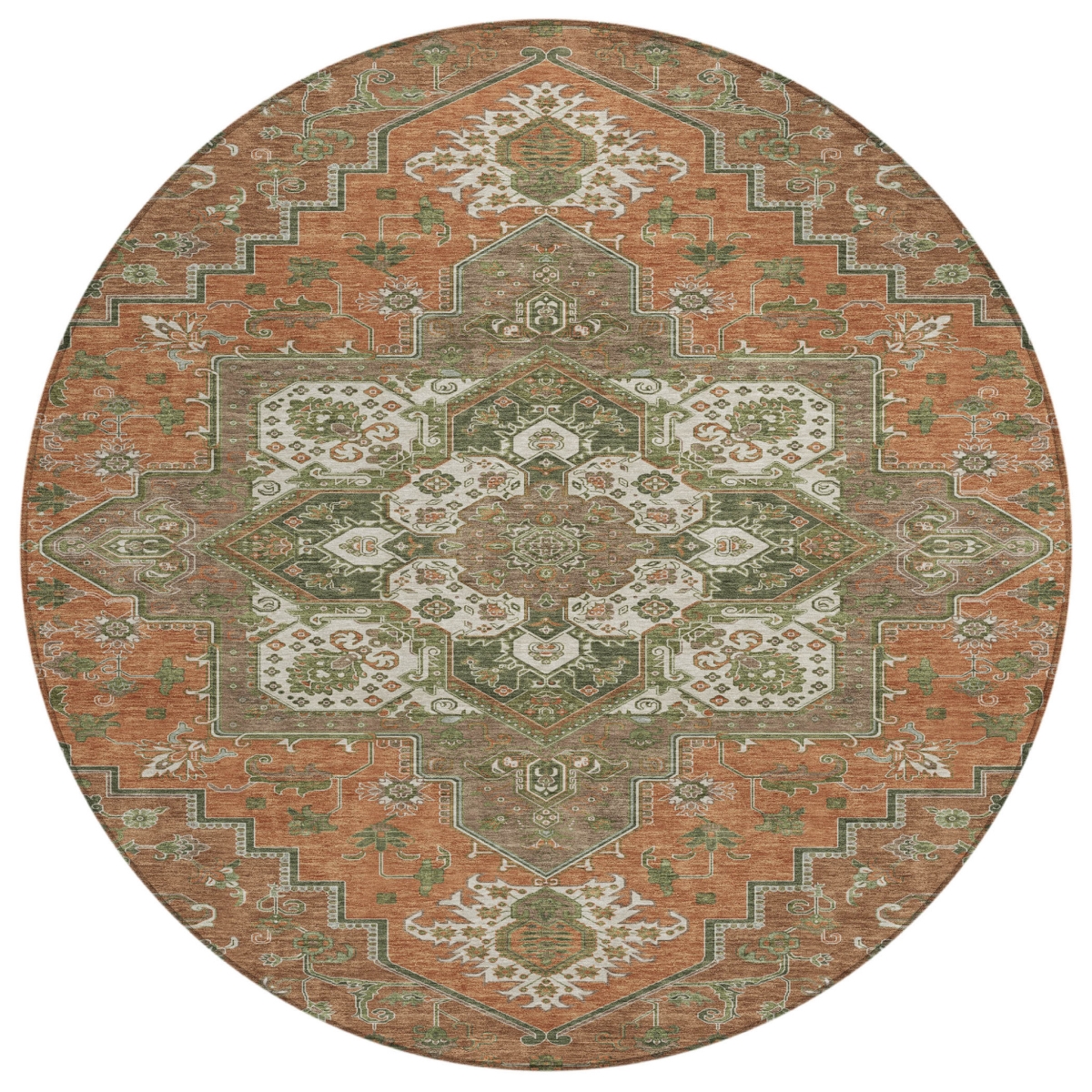 Round Oriental Area Rug - Rust Green & Brown - 8 ft - Washable & Stain Resistant