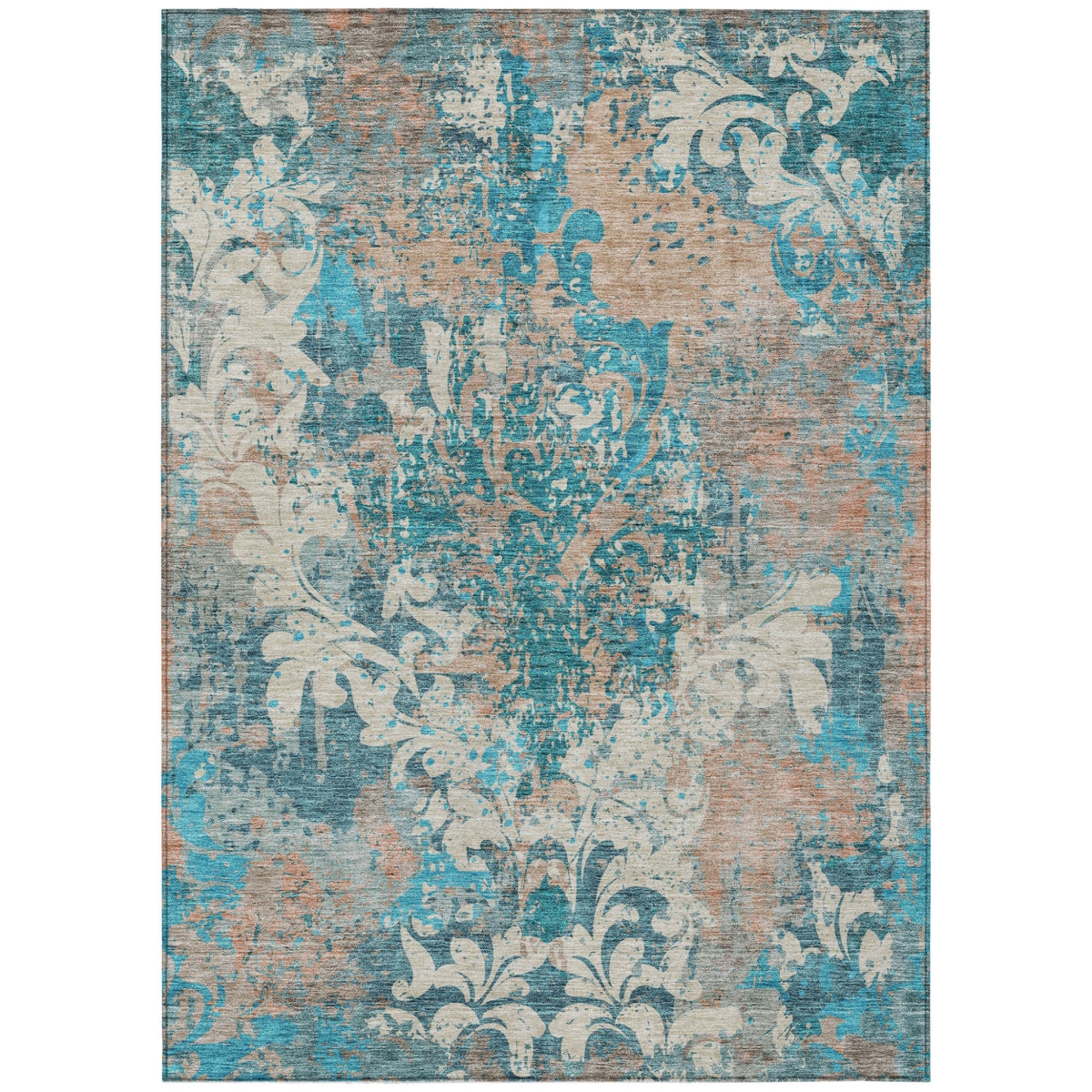 596393 3 x 5 ft. Teal Blue, Ivory & Light Brown Damask Washable Indoor & Outdoor Rectangle Area Rug