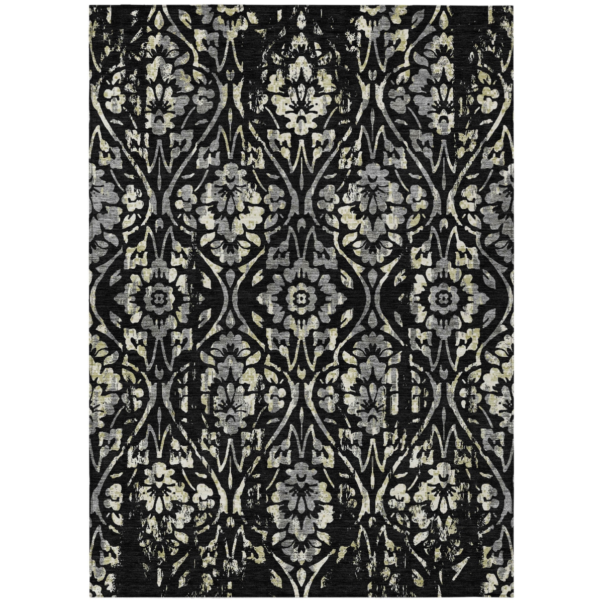 590864 10 x 14 ft. Black, Gray & Ivory Floral Washable Indoor & Outdoor Rectangle Area Rug