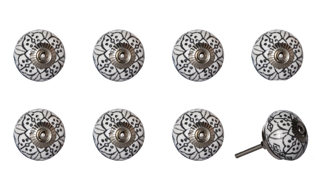 544412 Black & White Ceramic & Metal Drawer Pull Knobs - Set of 8