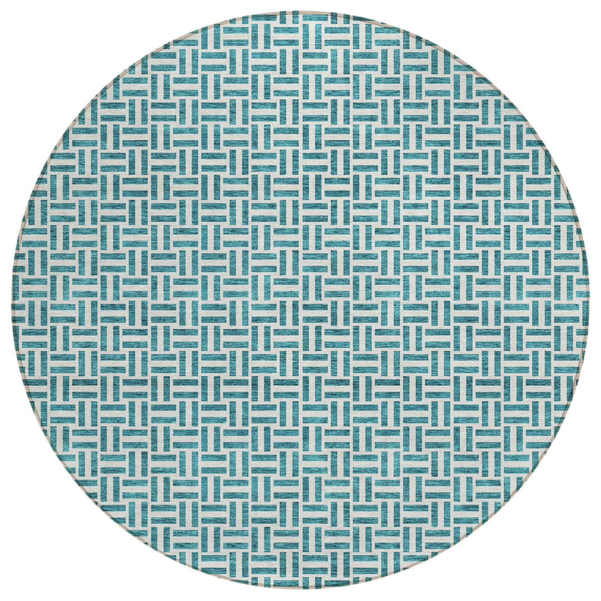 594511 8 ft. Teal Blue & Silver Round Geometric Washable Indoor & Outdoor Area Rug