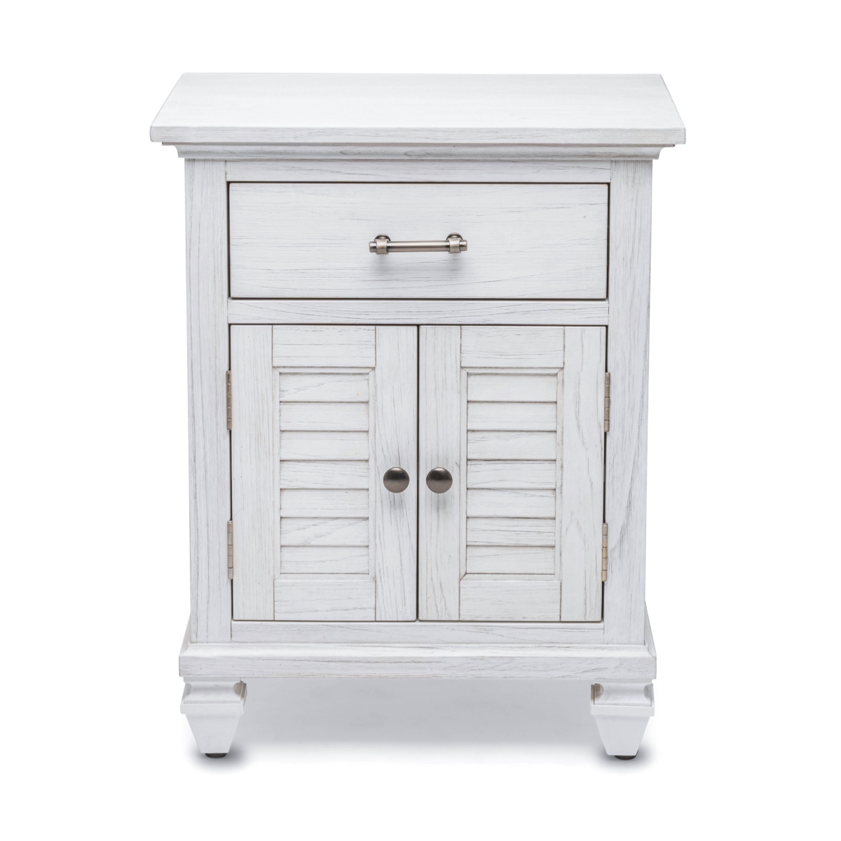 Picture of HomeRoots 571346 28 in. White Solid Wood Distressed Plantation Shutter One Drawer Nightstand with USB Port
