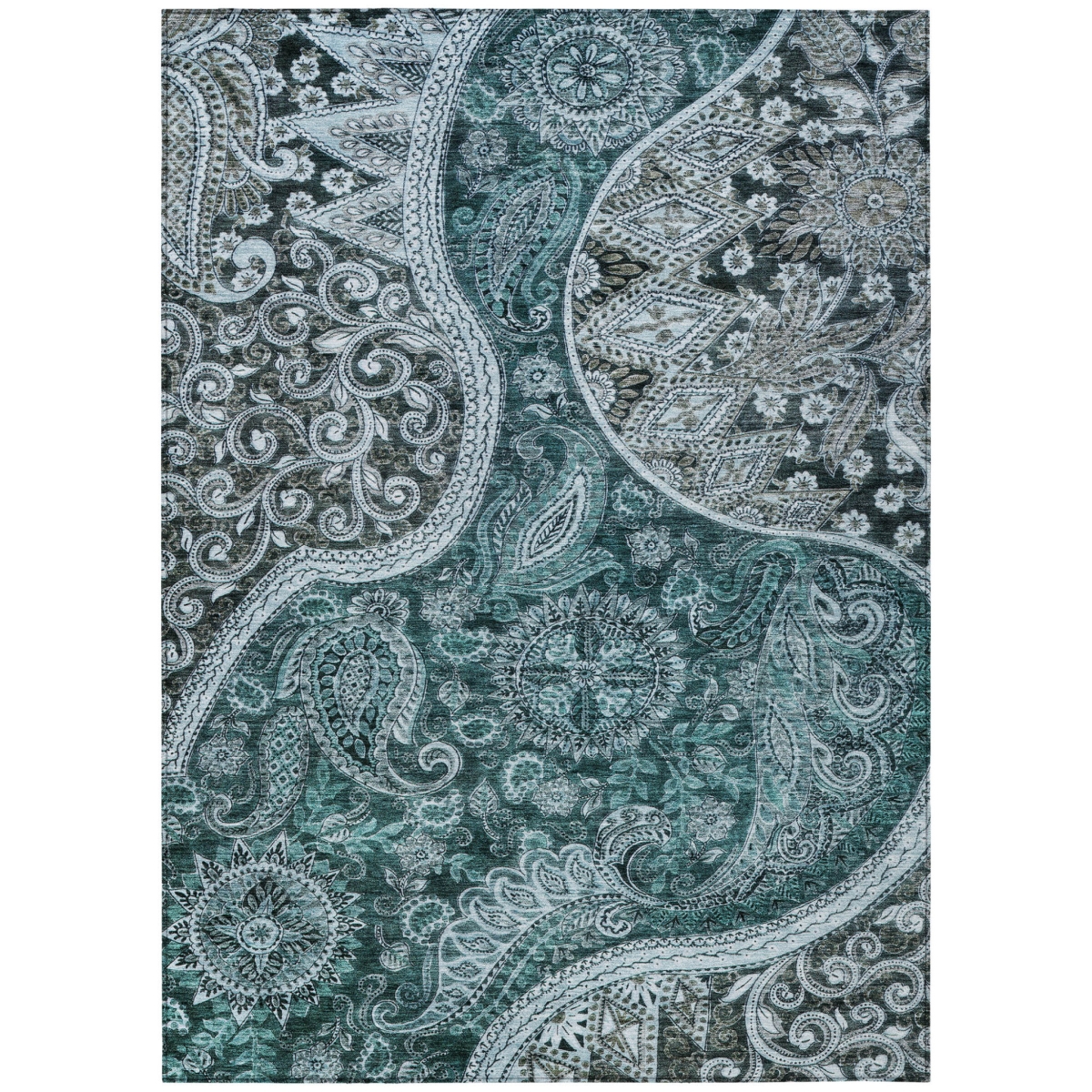 603202 10 x 14 ft. Teal Blue & Dark Green Floral Medallion Washable Indoor & Outdoor Rectangle Area Rug