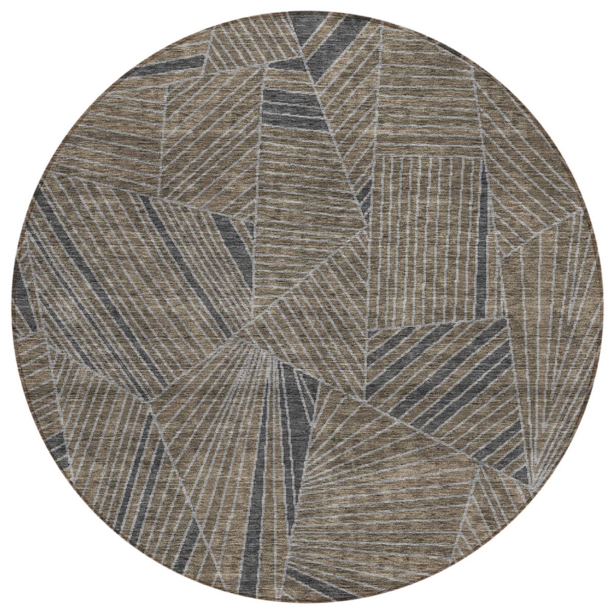 594799 8 ft. Brown, Black & Gray Round Geometric Washable Indoor & Outdoor Area Rug