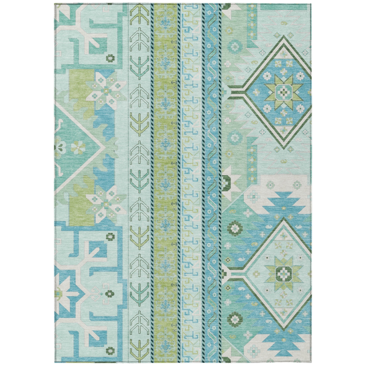 598478 3 x 5 ft. Mint Green, Blue & Ivory Aztec Washable Indoor & Outdoor Rectangle Area Rug